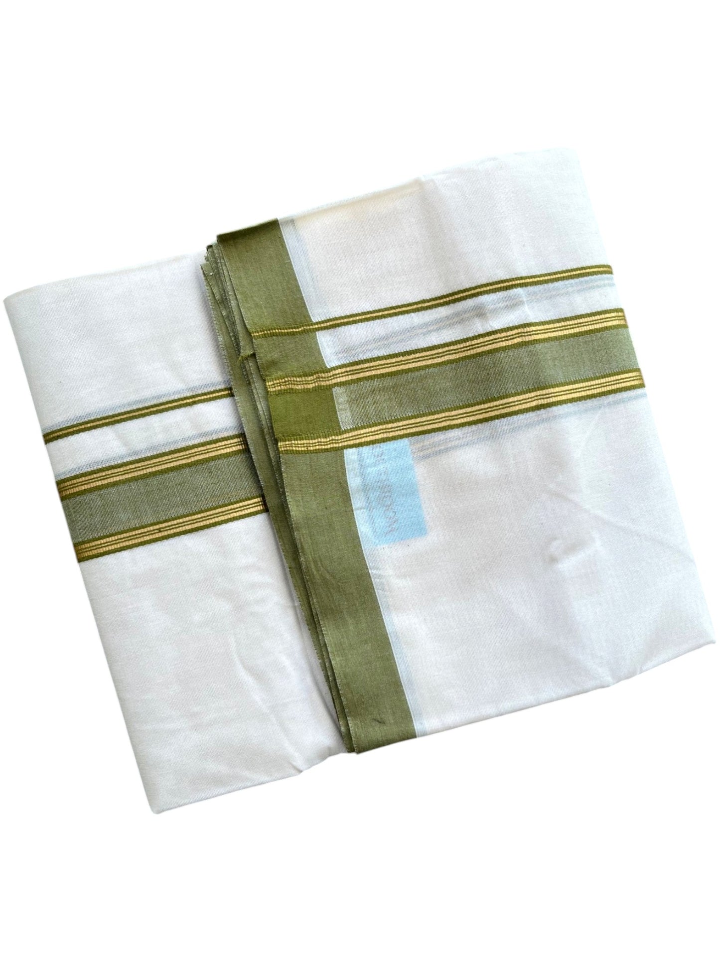 Southloom Pure Cotton Mundu with Golden Lines and Olive Green Border (South Indian Kerala Dhoti)