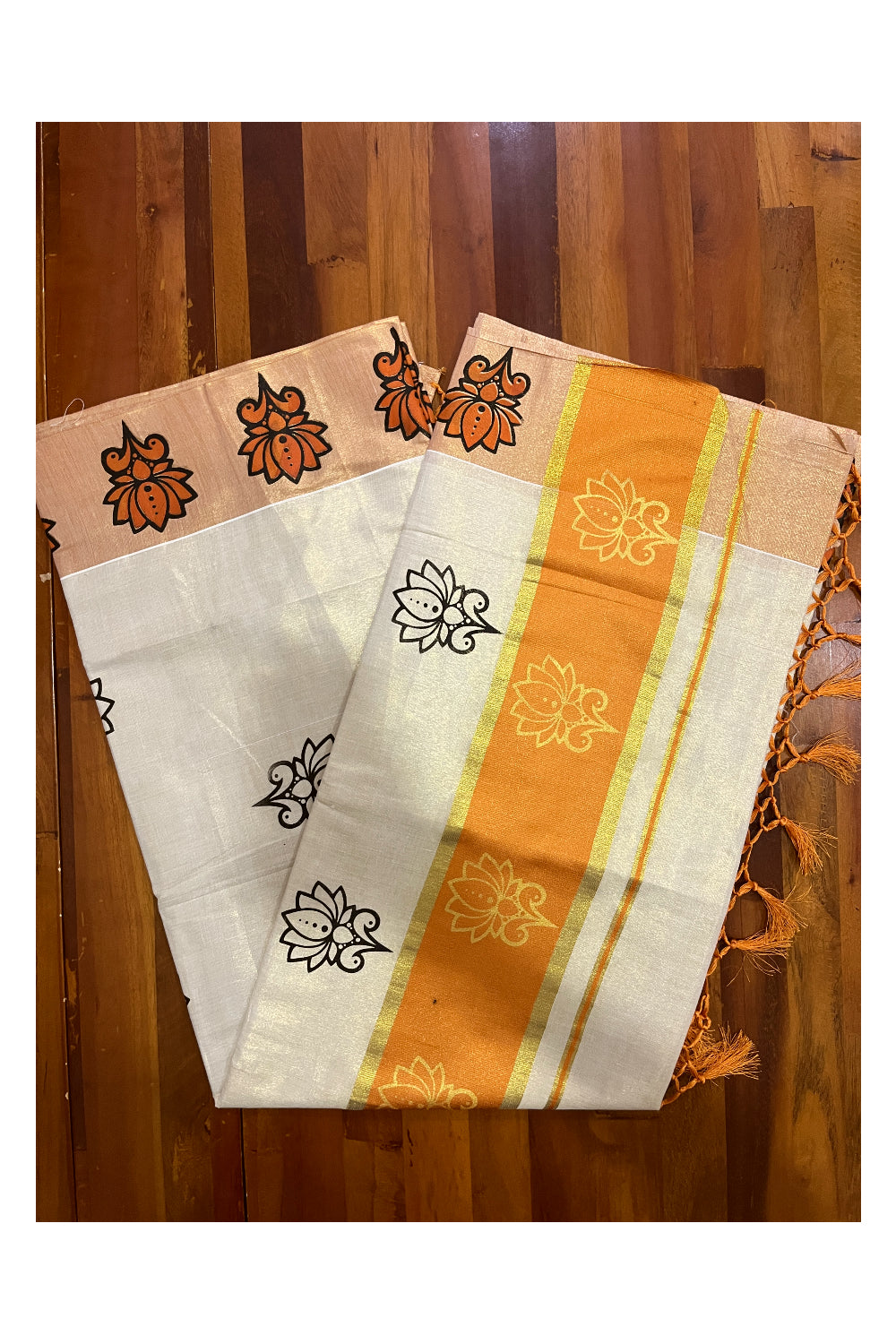 Kerala Tissue Kasavu Saree with Orange and Golden Block Prints and Orange Border