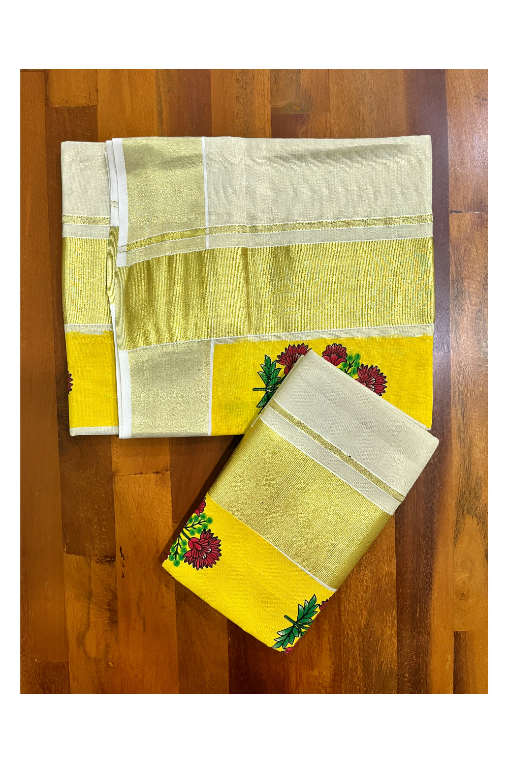 Kerala Tissue Single Set Mundu (Mundum Neriyathum) with Red Floral Block Prints in Yellow Border 2.80 Mtrs (Onam 2024 Collection)