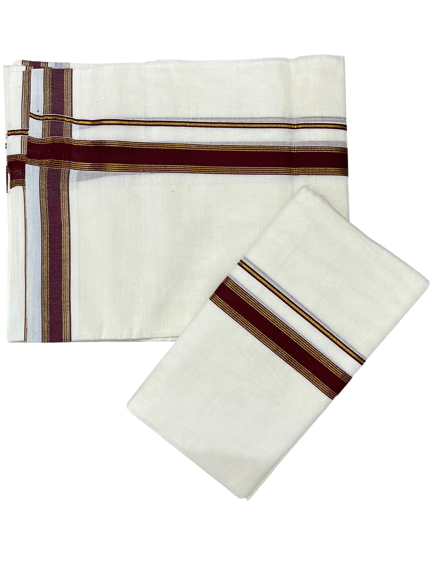 Southloom Pure Cotton Kerala Single Set Mundu (Mundum Neriyathum) with Maroon Kasavu Border in 2.80 Mtrs