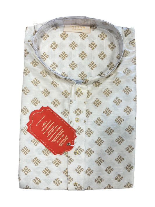 Southloom White Woven Patterns Semi Silk Short Kurta for Men