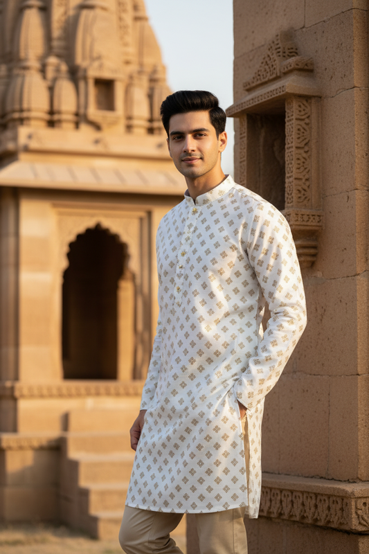 Southloom White Woven Patterns Semi Silk Short Kurta for Men