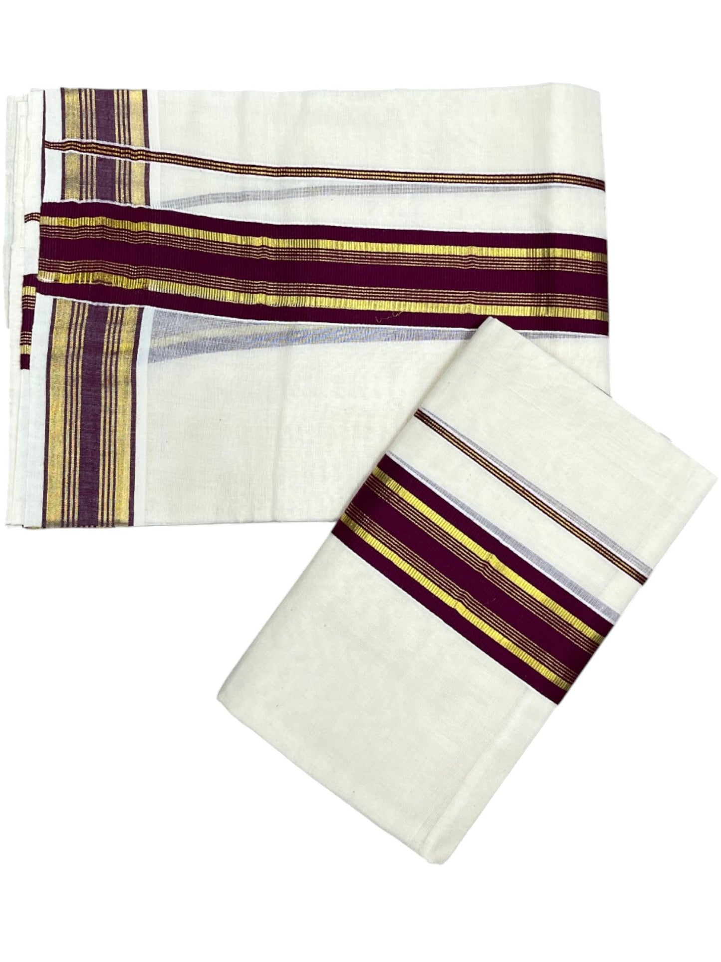 Southloom Kerala Cotton Kasavu Single Set Mundu (Mundum Neriyathum) with Purple Kasavu Border SLKK