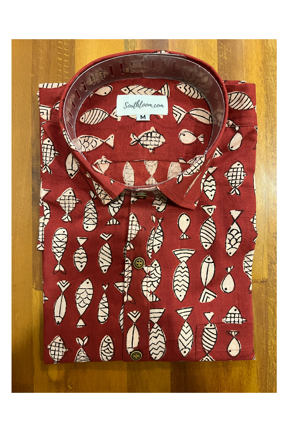 Southloom Jaipur Cotton Red With Fish Hand Block Printed Shirt (Full Sleeves)