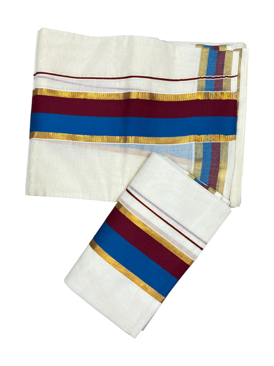 Kerala Cotton Kasavu Single Set Mundu (Mundum Neriyathum) with Maroon And Blue Kasavu Border in 2.80 Mtrs