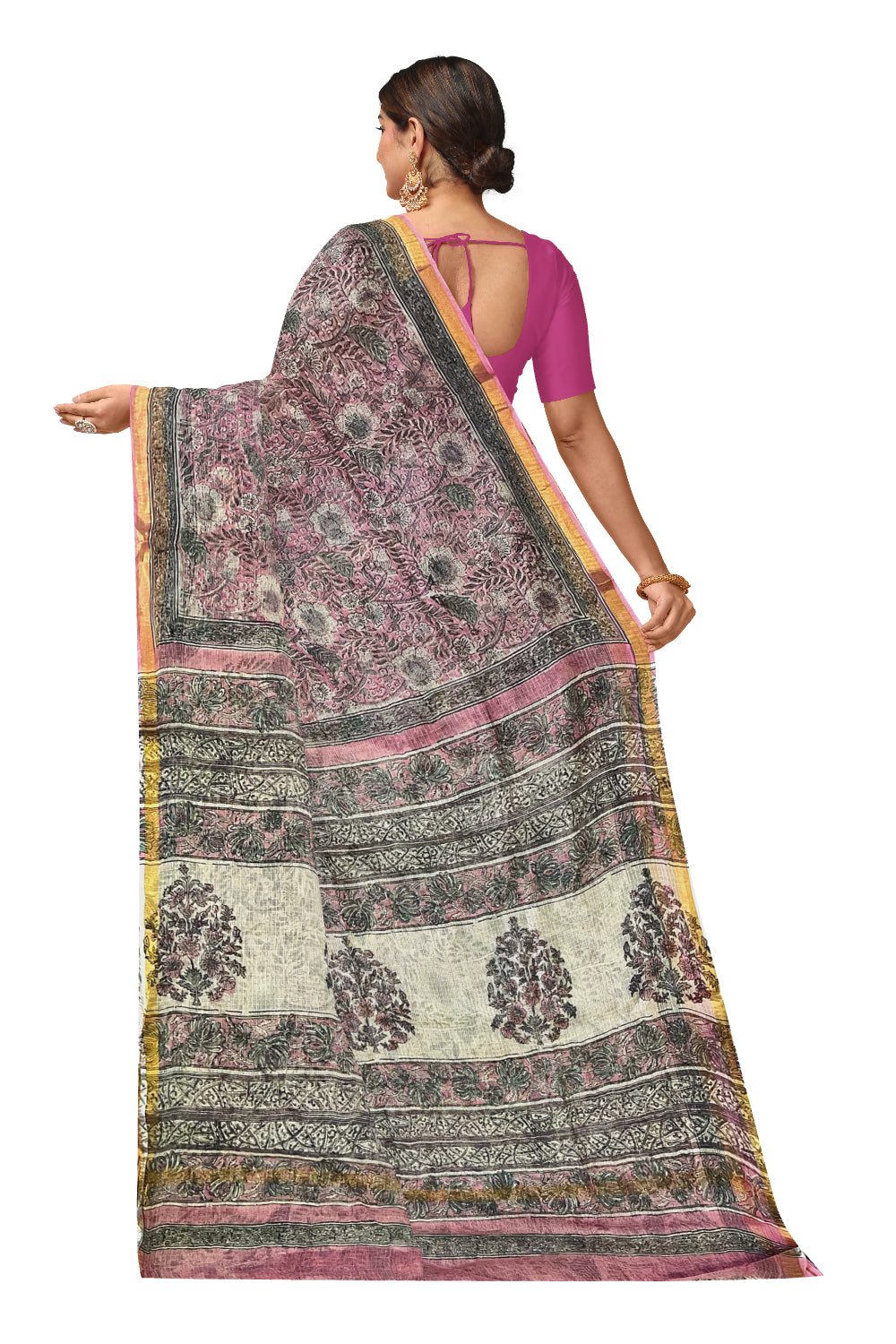 Southloom Kota Fabric Floral Printed Grey Pink Saree