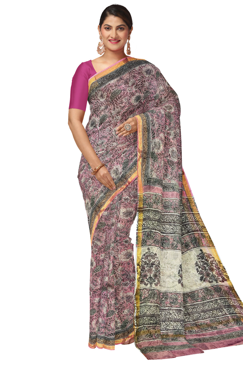 Southloom Kota Fabric Floral Printed Grey Pink Saree