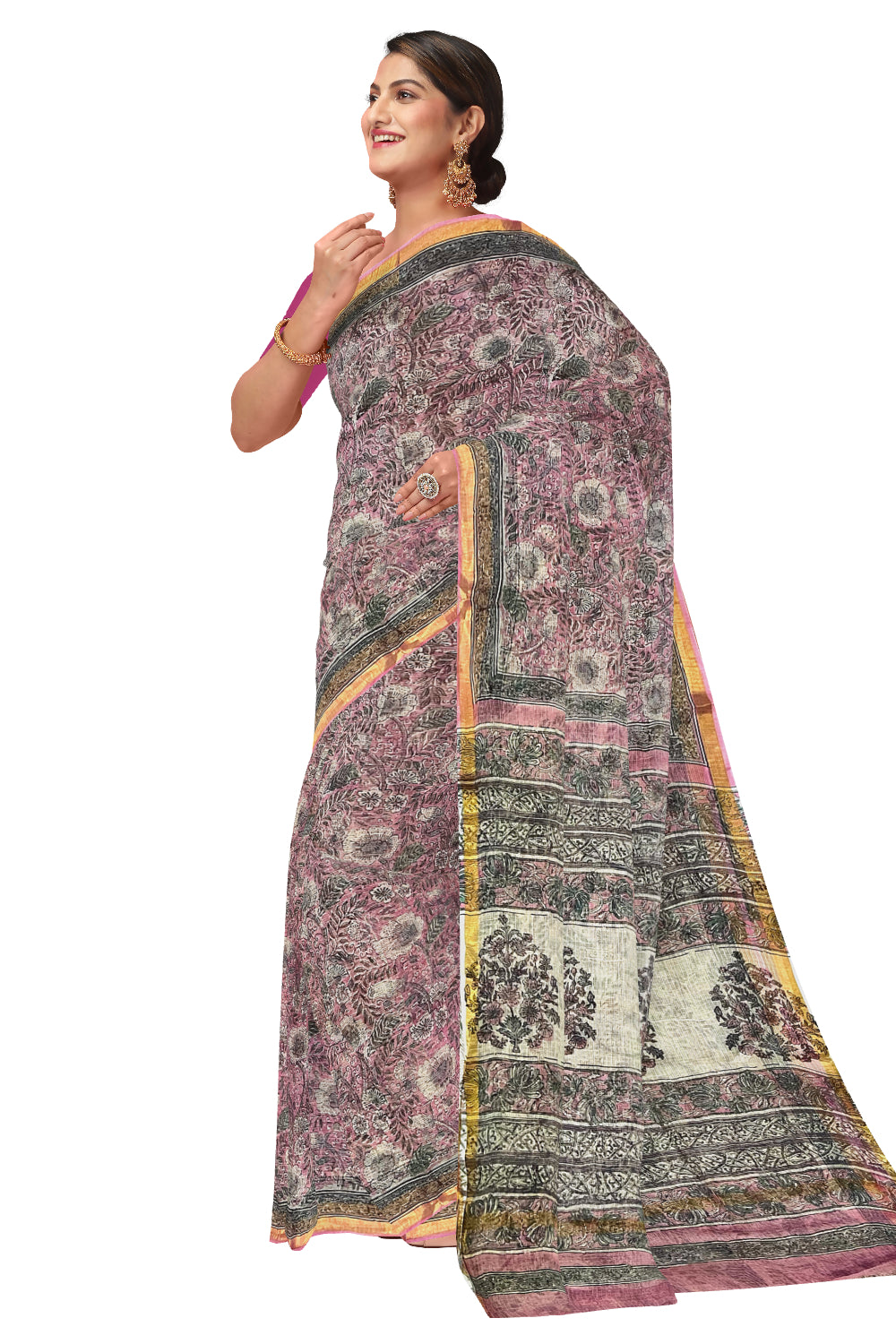 Southloom Kota Fabric Floral Printed Grey Pink Saree