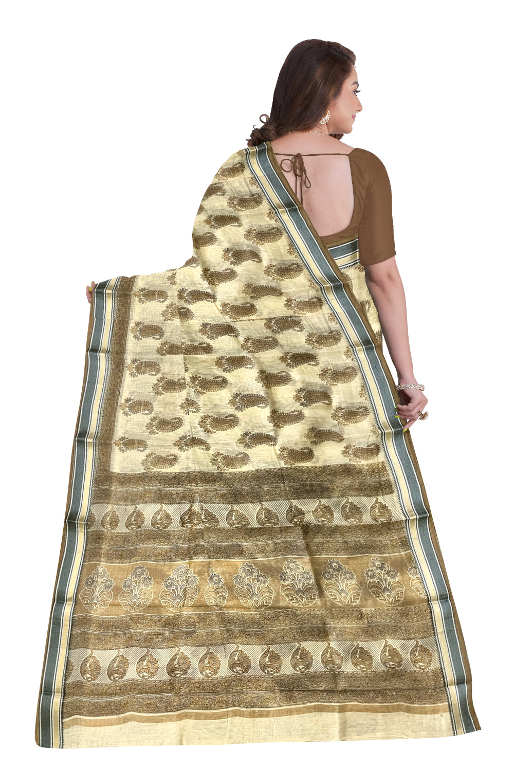 Southloom Cotton Light Brown Saree with Paisley Printed Designs