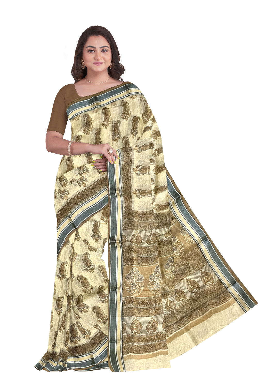 Southloom Cotton Light Brown Saree with Paisley Printed Designs