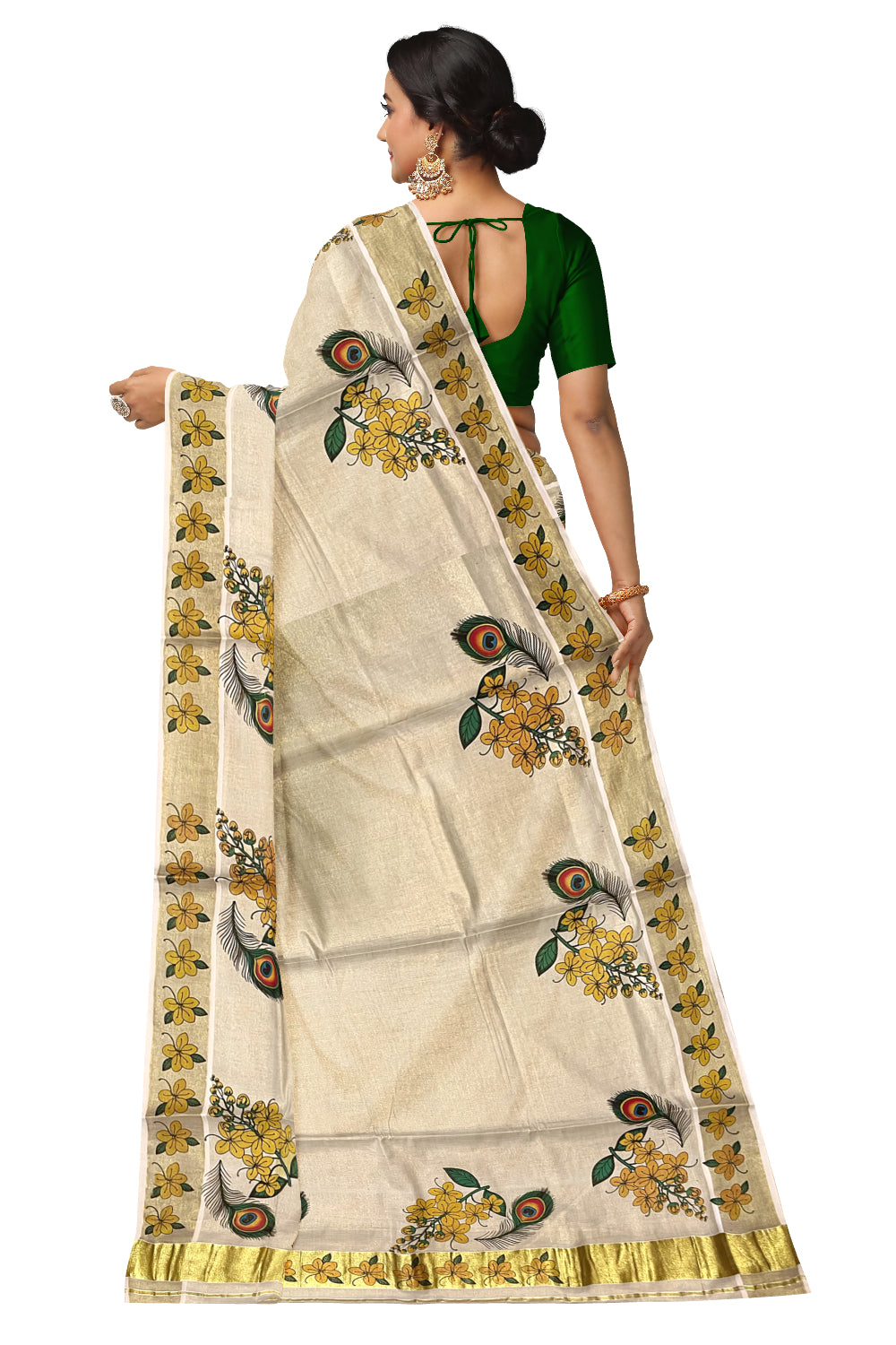 Kerala Tissue Kasavu Saree with Feather and Floral Mural Printed Designs