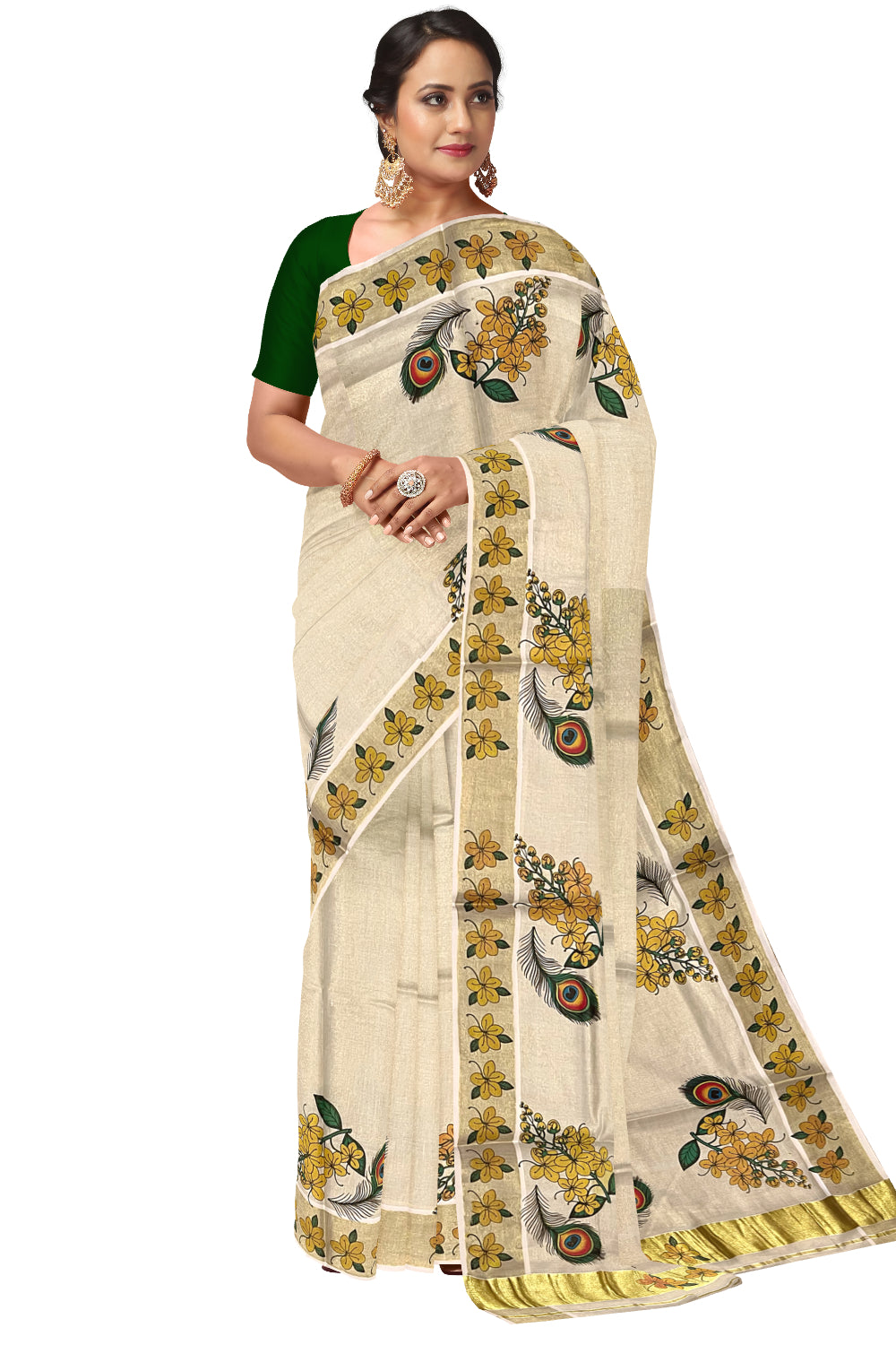 Kerala Tissue Kasavu Saree with Feather and Floral Mural Printed Designs