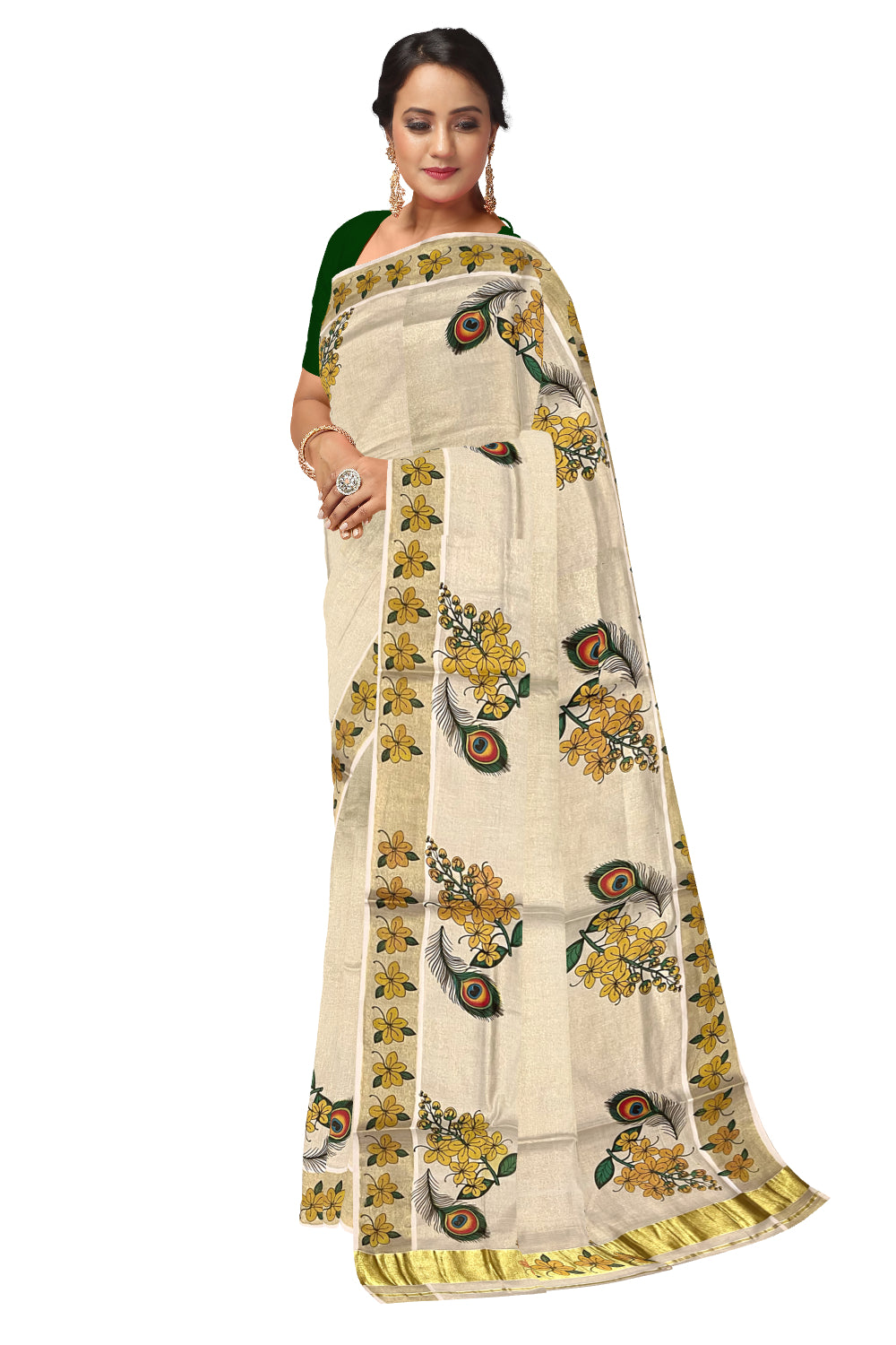 Kerala Tissue Kasavu Saree with Feather and Floral Mural Printed Designs