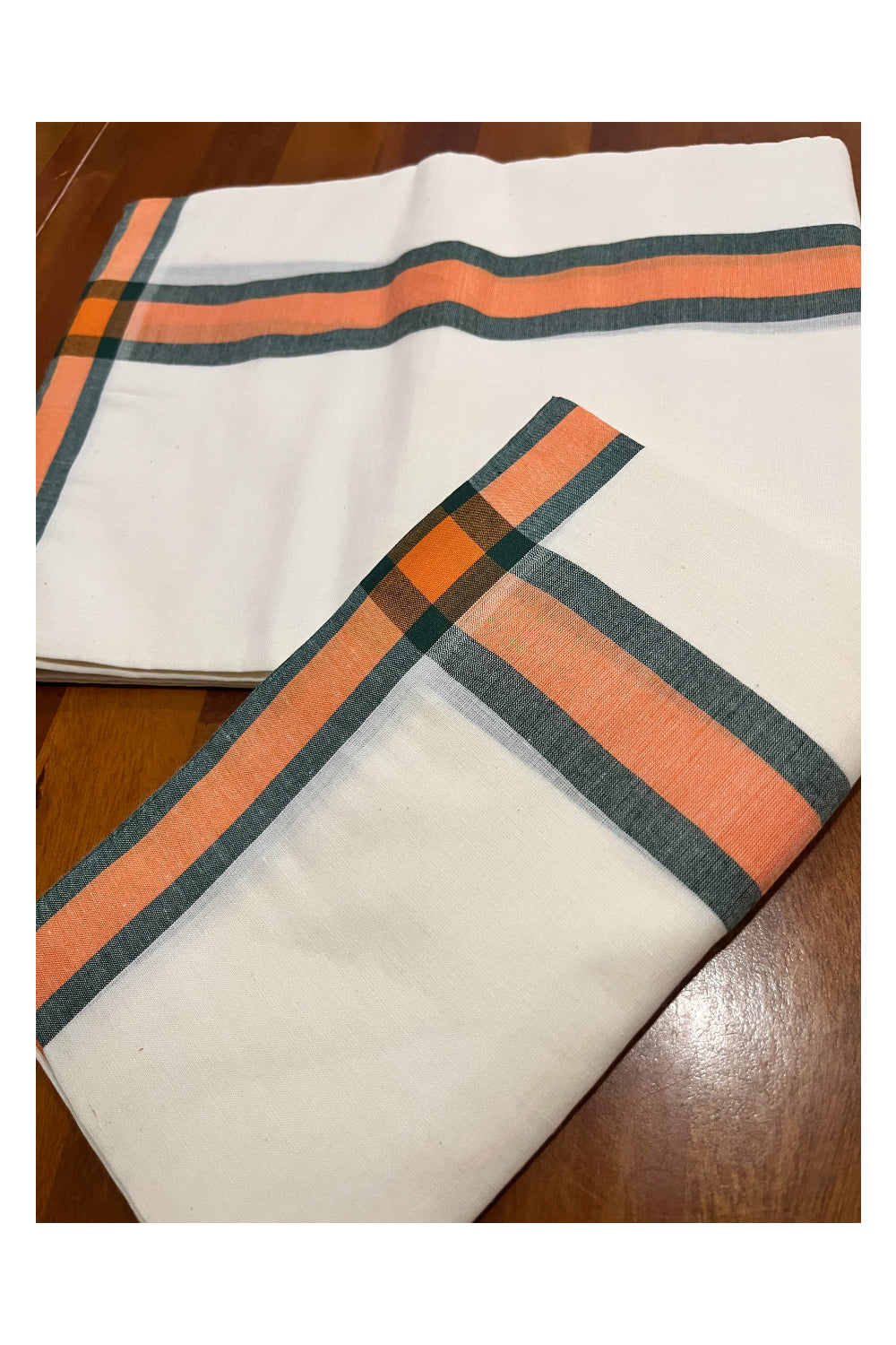 Kerala Mulloth Cotton Single Mundum Neriyathum with Orange Green Border 2.80 Mtrs (Extra Soft Cotton)