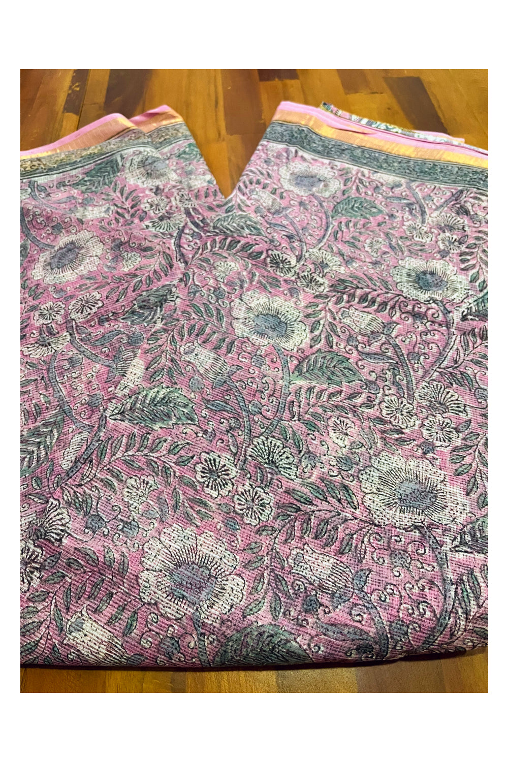 Southloom Kota Fabric Floral Printed Grey Pink Saree