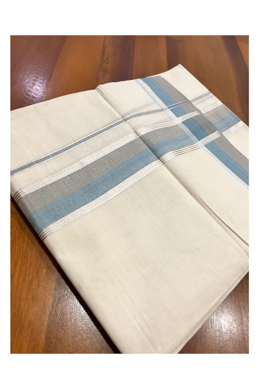 Kerala Pure Cotton Double Mundu with Blue Grey and Silver Kasavu Border (South Indian Kerala Dhoti)