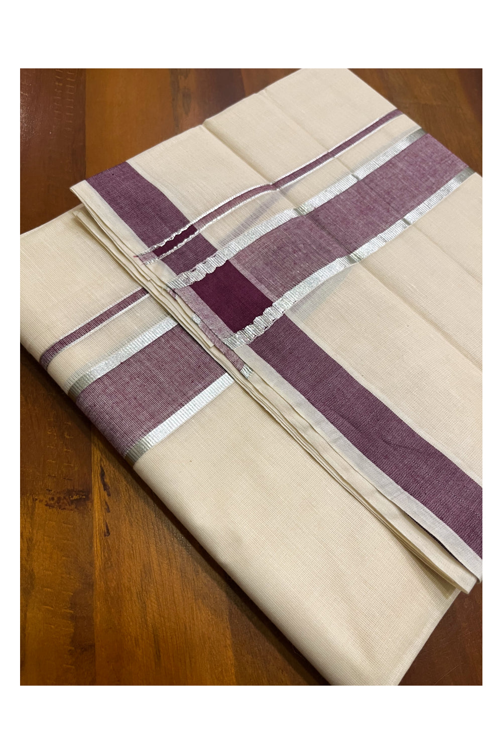 Kerala Pure Cotton Double Mundu with Purple and Silver Kasavu Border (South Indian Kerala Dhoti)