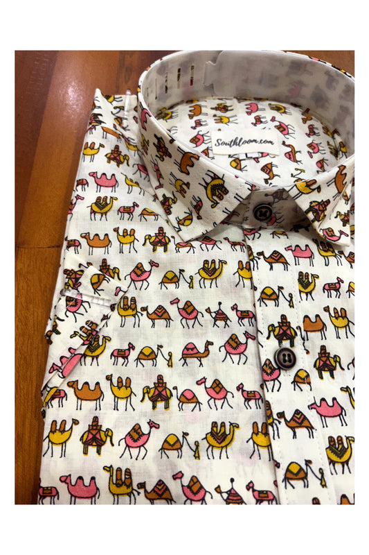 Southloom Jaipur Cotton Camel Hand Block Printed Shirt (Half Sleeves)