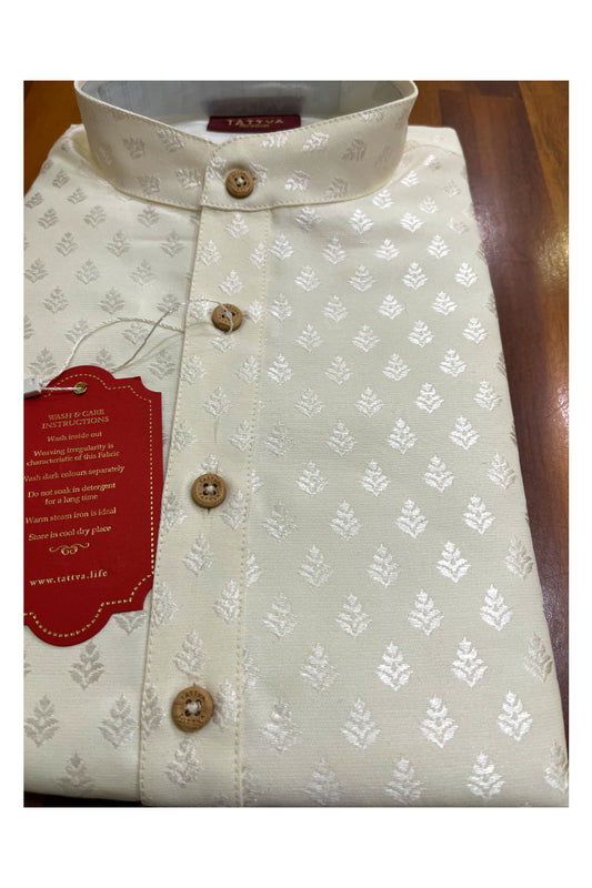 Southloom Off White Woven Designs Semi Silk Short Kurta for Men