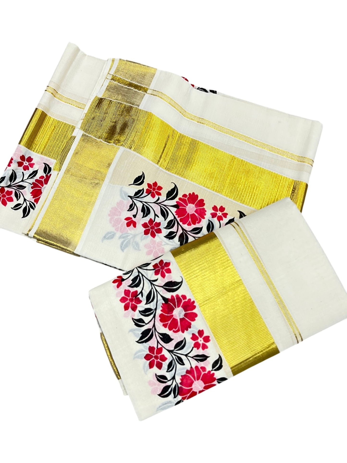 Southloom Pure Cotton Kerala Kasavu Single Set Mundu (Mundum Neriyathum) with Floral Print in Red and Black