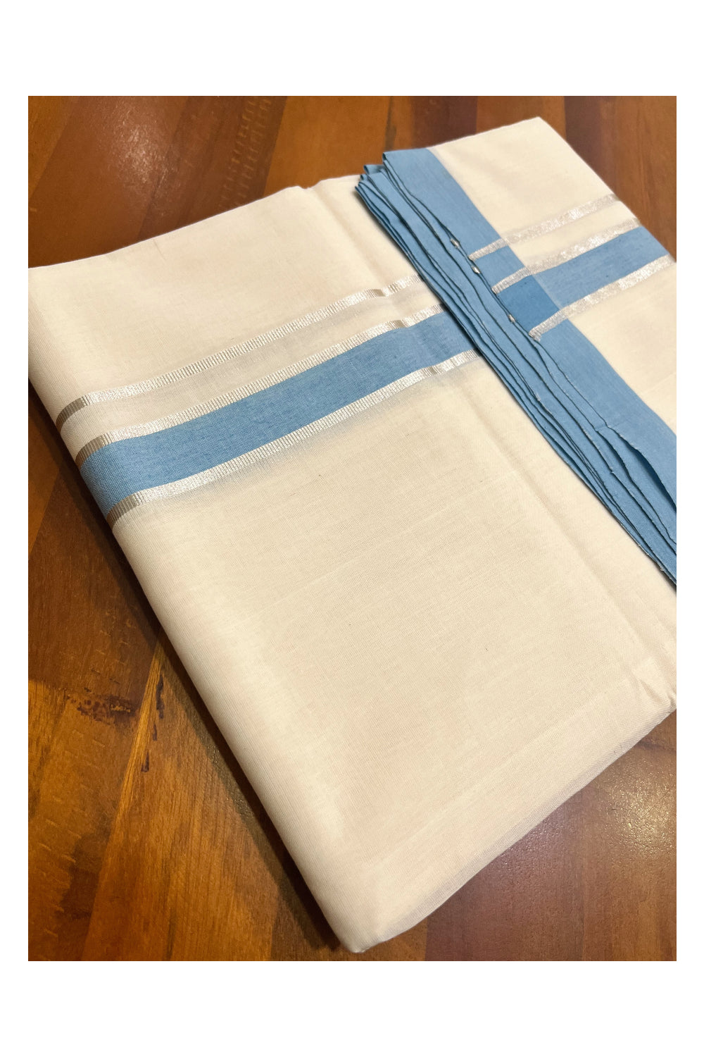 Premium Balaramapuram Handloom Unakkupaavu Cotton Double Mundu with Light Blue and Silver Kasavu Border (Vishu 2024 Collection)