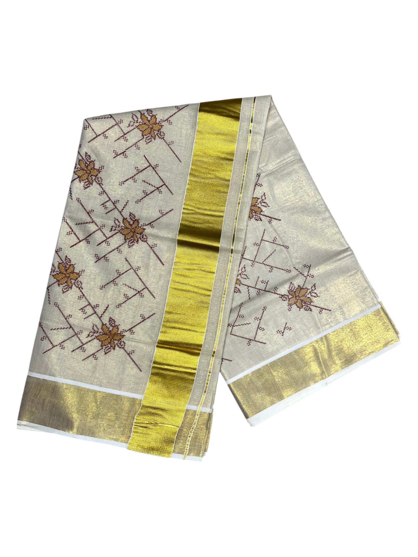 Southloom Tissue Kerala Kasavu Saree with Floral Embroidery Work on Body in Maroon