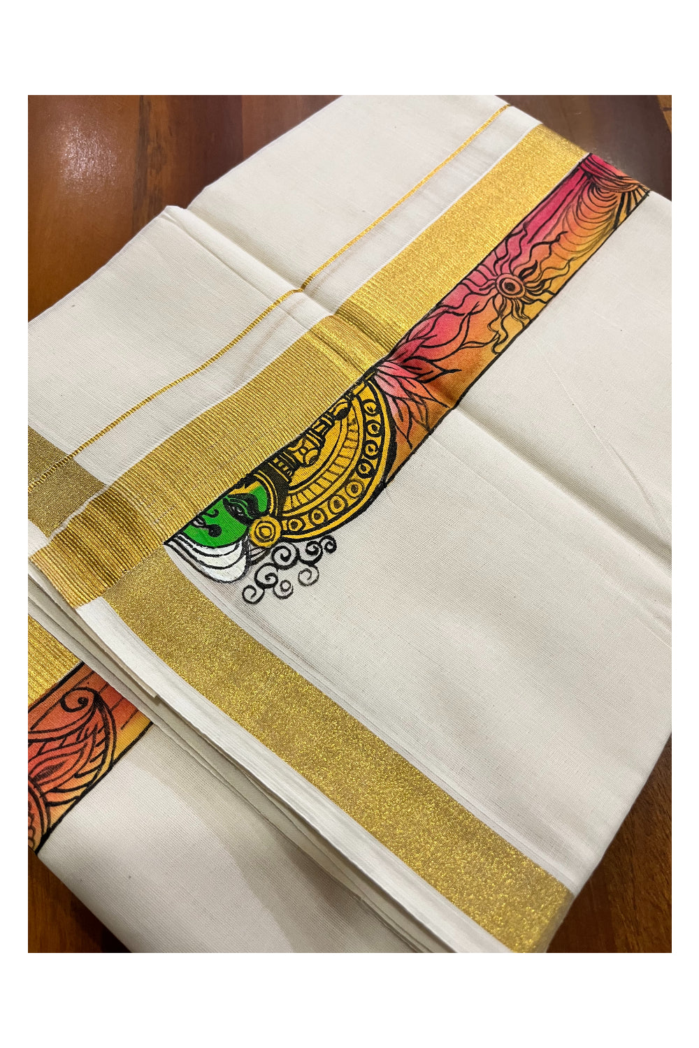 Pure Cotton Kerala Double Mundu with Kathakali Hand Painted Designs on Kasavu Border (Vishu Collection 2024)