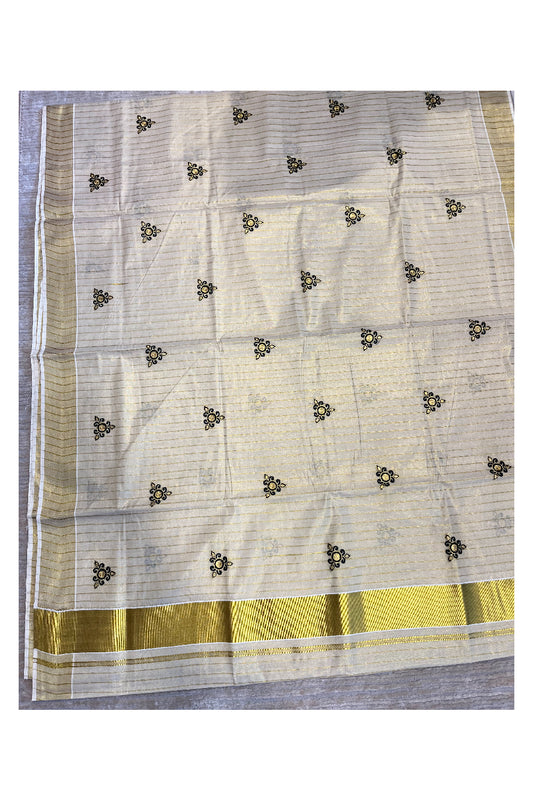 Southloom Kerala Tissue Kasavu Lines Saree with Black Embroidery Works