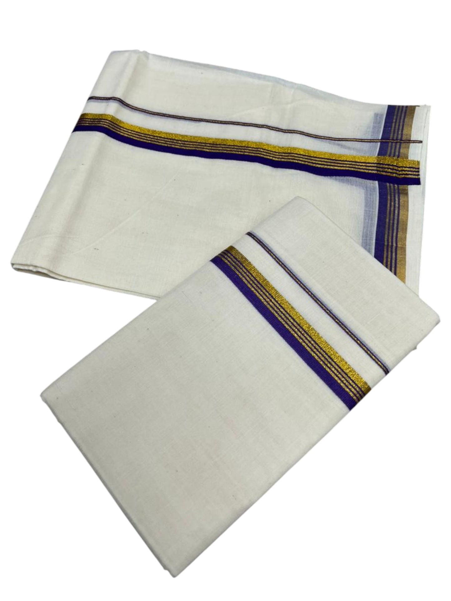 Pure Cotton Kerala Single Set Mundu (Mundum Neriyathum) with Violet Kasavu Border in 2.80 Mtrs