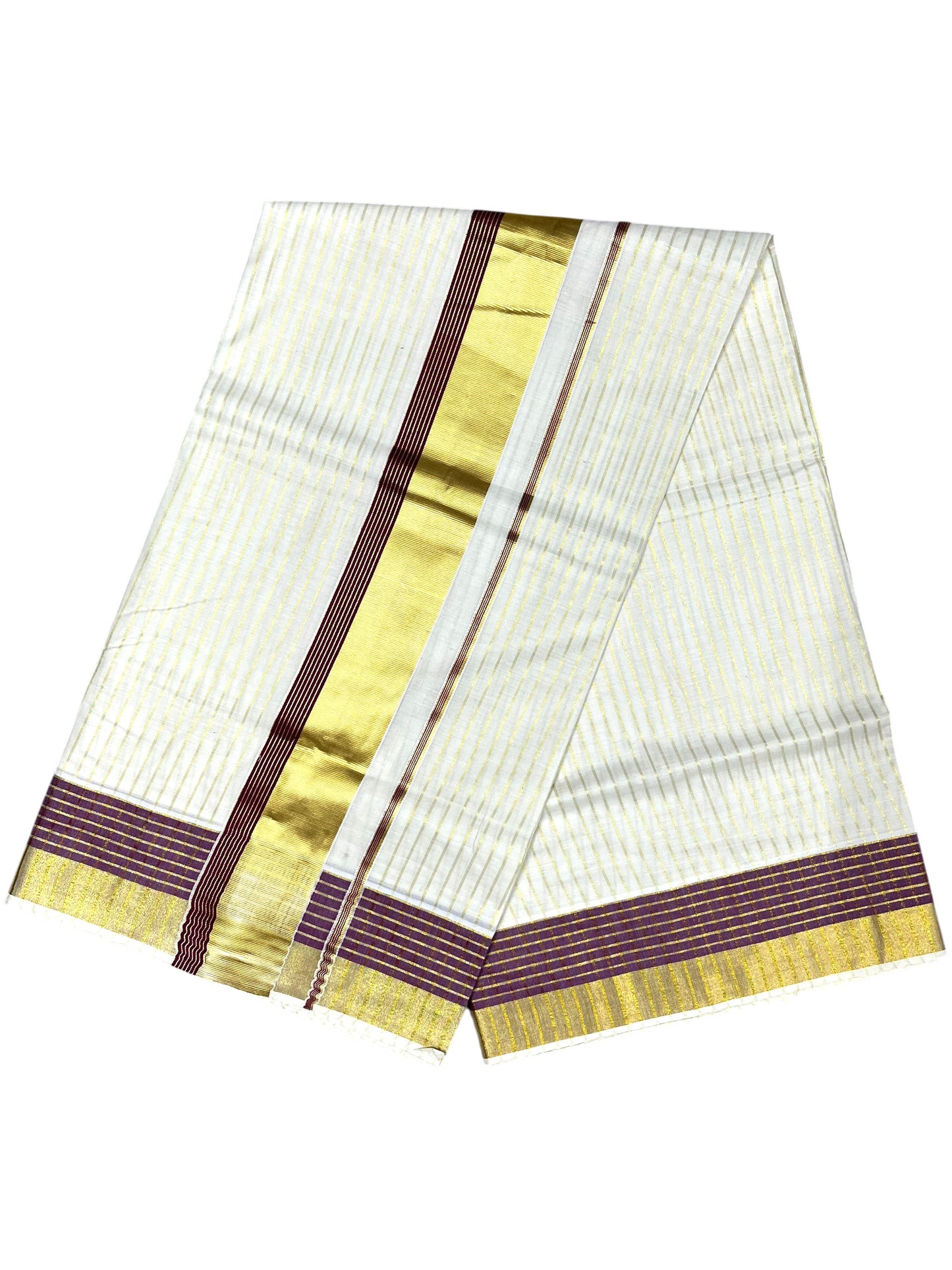 Southloom Pure Cotton Kerala Kasavu Lines Design Saree with Purple Border