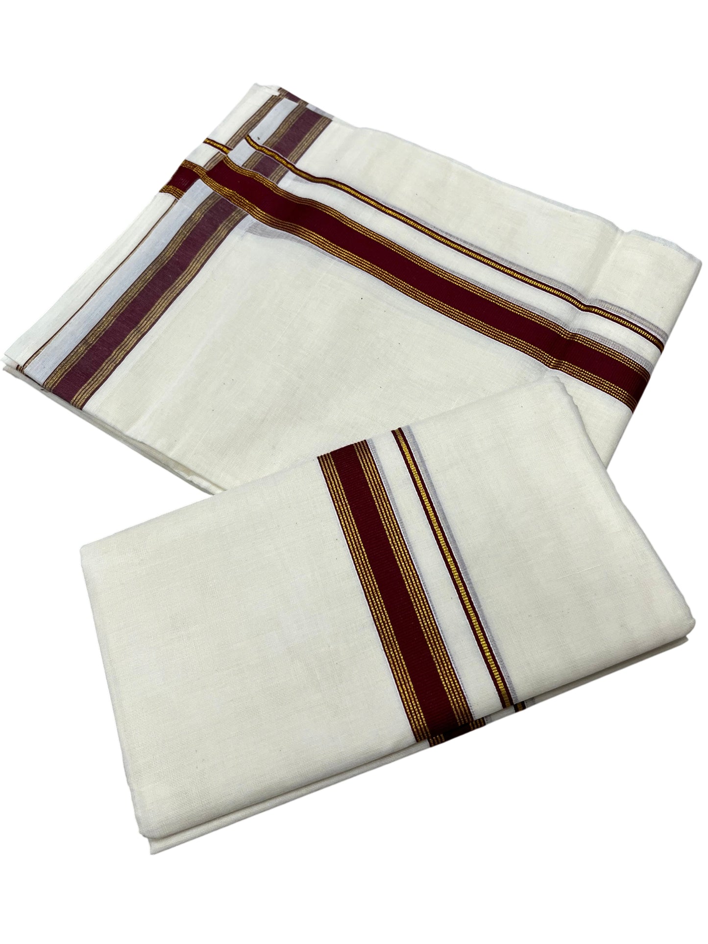 Southloom Pure Cotton Kerala Single Set Mundu (Mundum Neriyathum) with Maroon Kasavu Border in 2.80 Mtrs