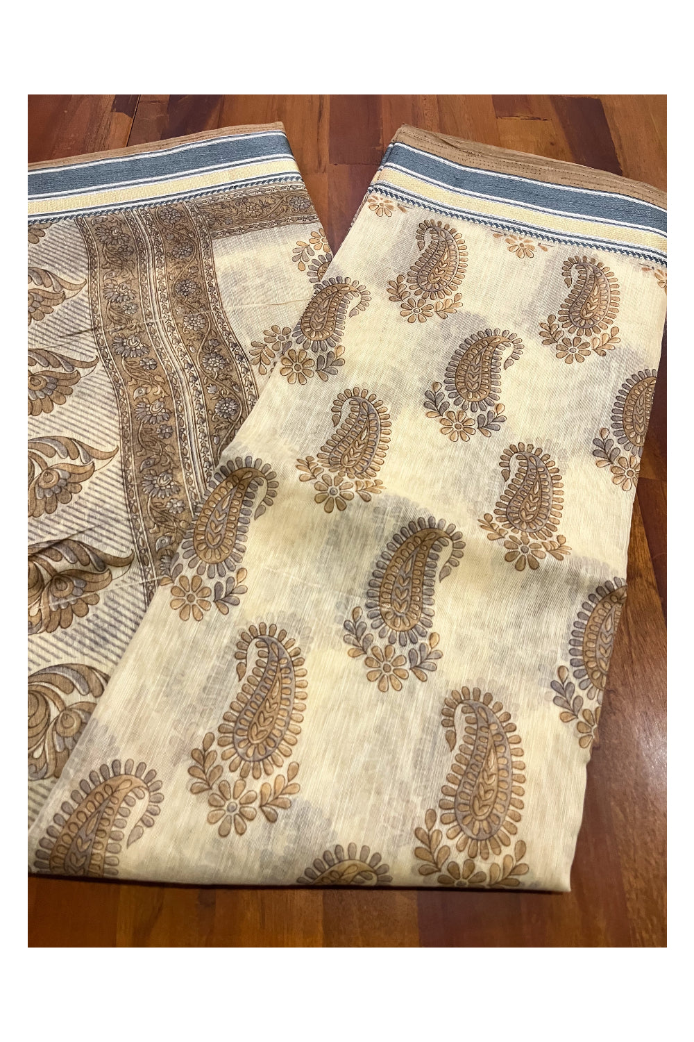 Southloom Cotton Light Brown Saree with Paisley Printed Designs
