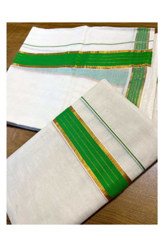 Kerala Cotton Set Mundu (Mundum Neriyathum) with Kasavu and Light Green Border