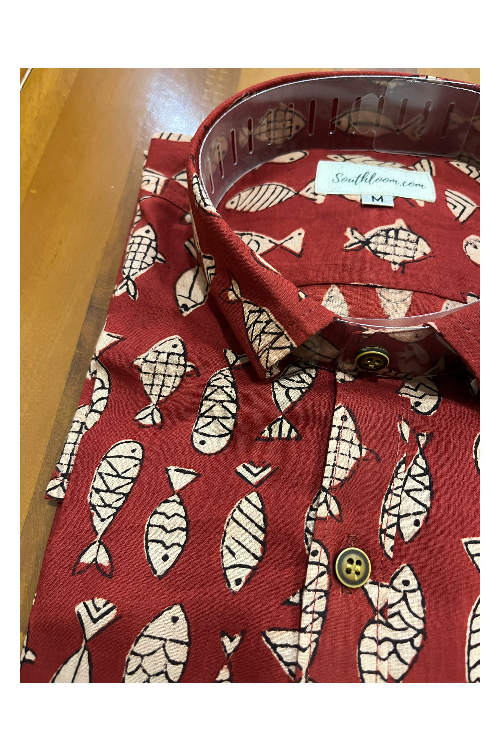 Southloom Jaipur Cotton Red With Fish Hand Block Printed Shirt (Full Sleeves)