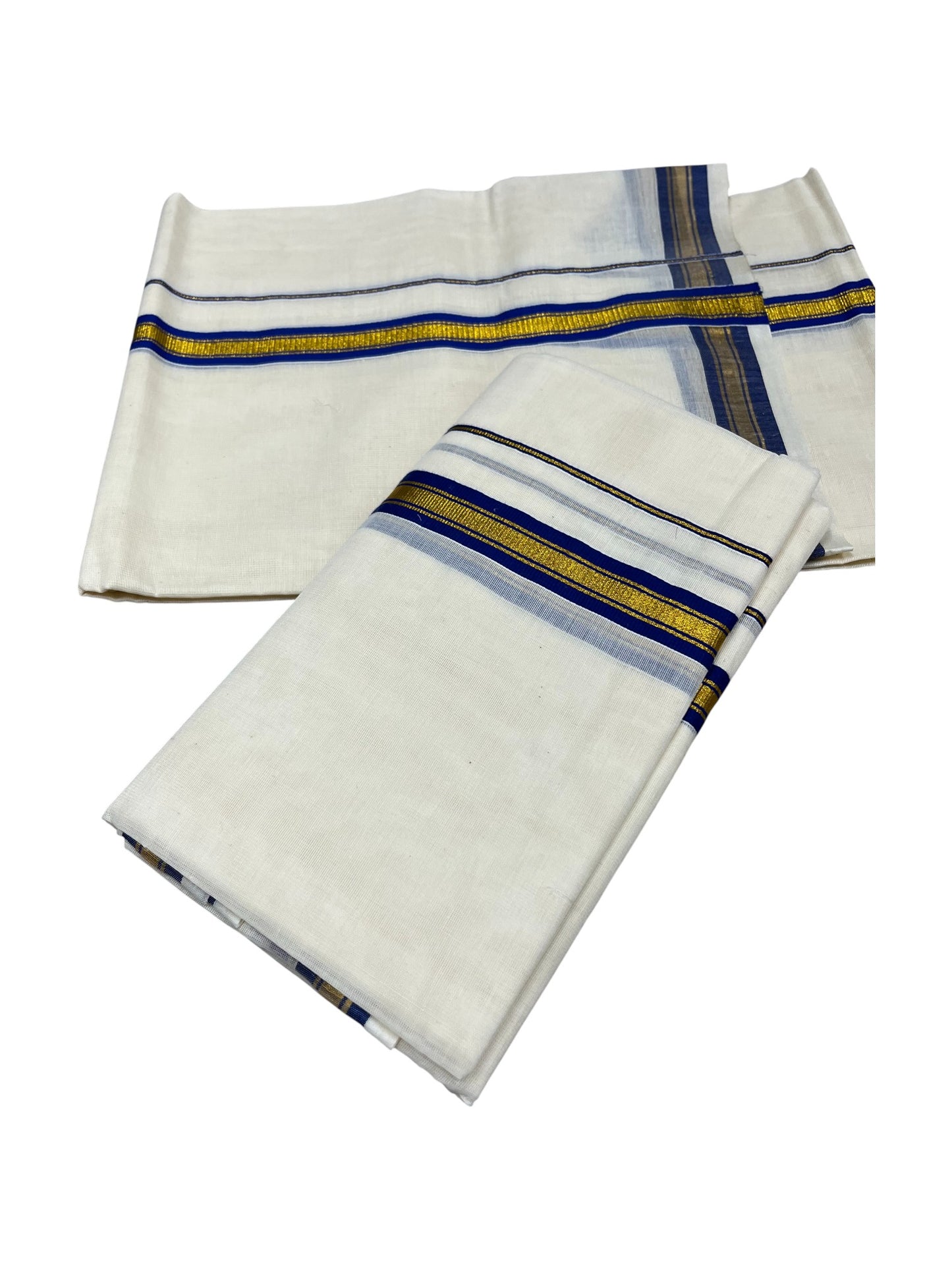 Pure Cotton Kerala Single Set Mundu (Mundum Neriyathum) with Blue Kasavu Border in 2.80 Mtrs