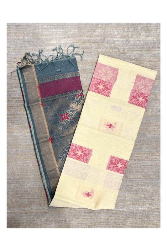 Southloom Pure Handloom Cotton Silk Saree With Handwoven Work Across Body and Blouse in Beige And Grey