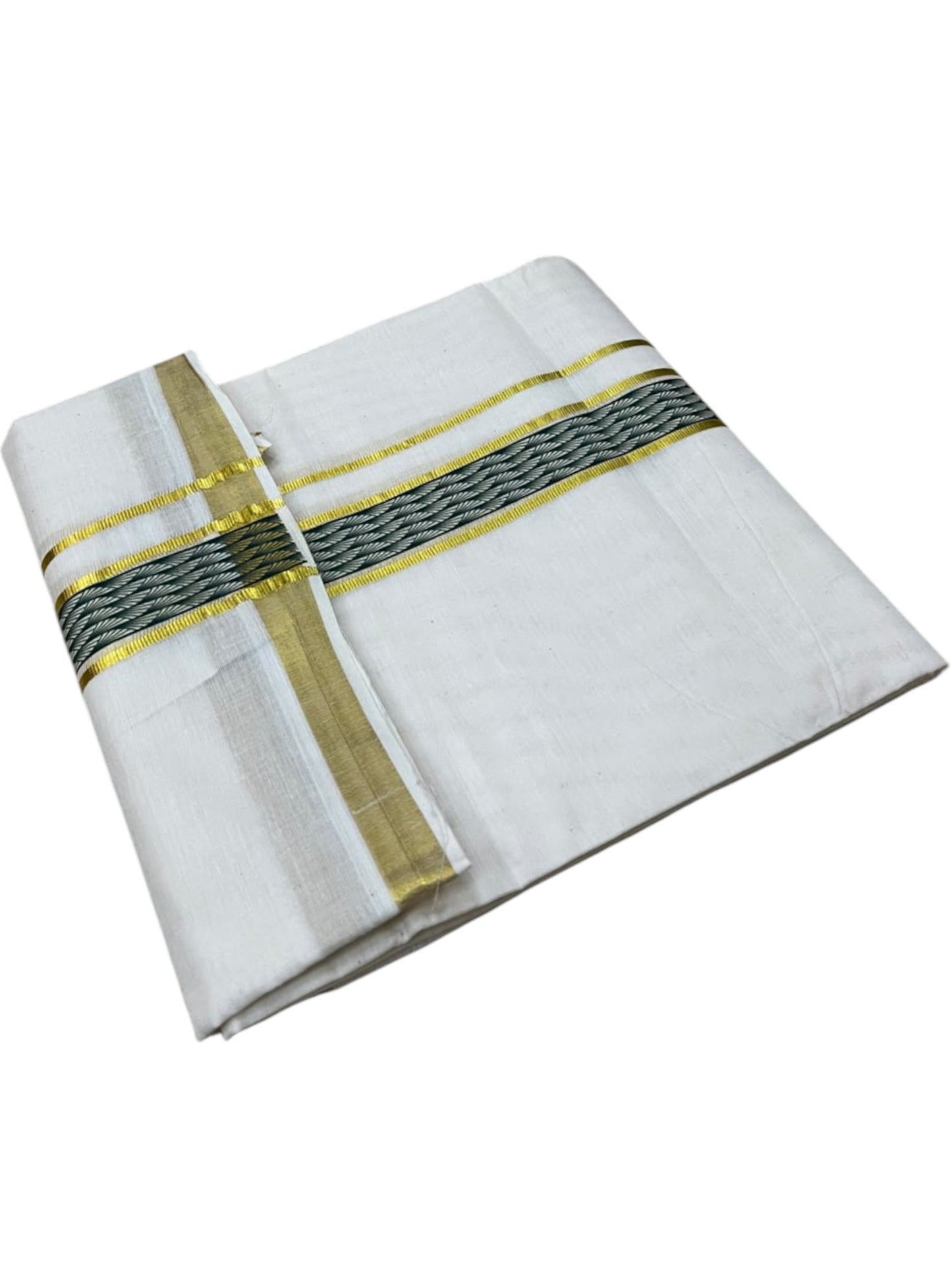 Southloom Pure Cotton Double Mundu with Green Block Printed And Ksavu Border (South Indian Kerala Dhoti)