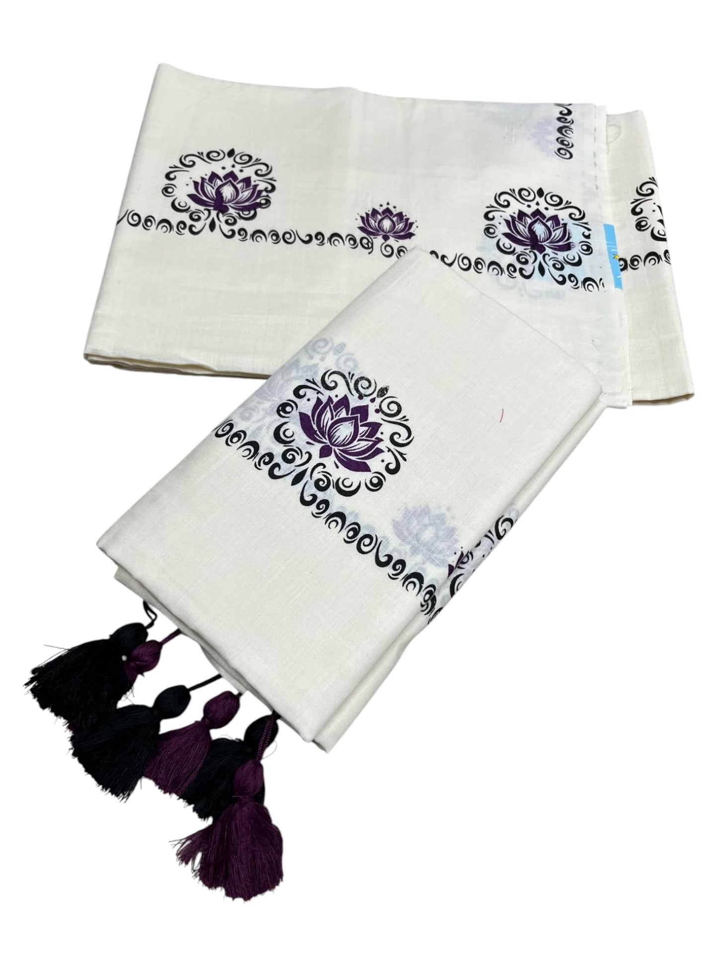 Southloom Kerala Cotton Single Set Mundu (Mundum Neriyathum) with Purple &Black Lotus Block Printed Design