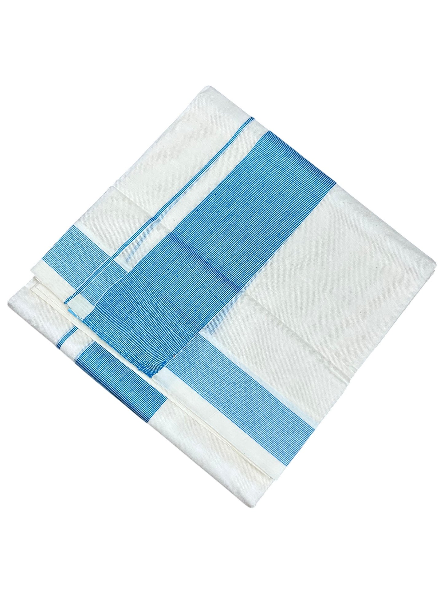 Southloom Kerala Pure Cotton Double Mundu with Blue Lines Border (South Indian Kerala Dhoti)