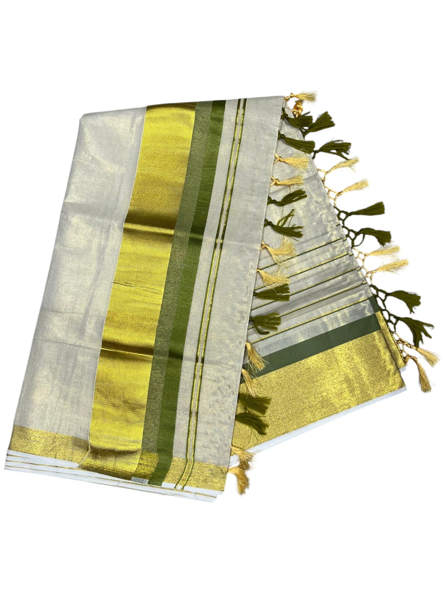 Southloom Kerala Tissue  Kasavu Saree with Stripes on Body with Olive Green Borders