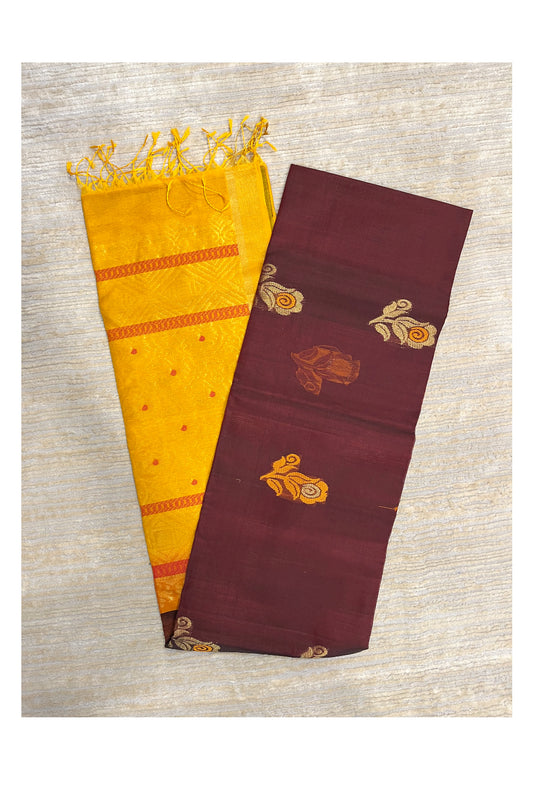 Southloom Pure Handloom Cotton Silk Saree With Handwoven Work Across Body and Blouse in Yellow And Maroon