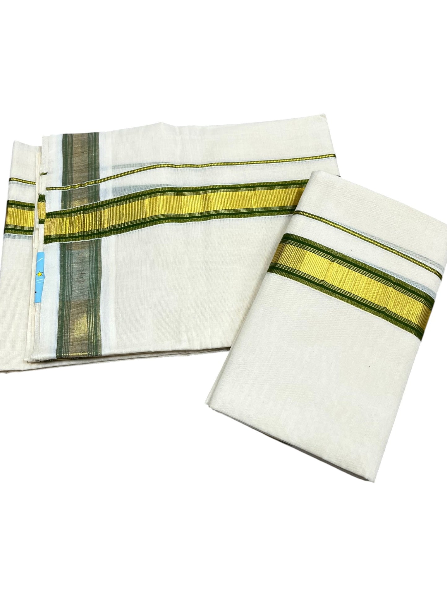 Kerala Cotton Set Mundu (Mundum Neriyathum) with Kasavu and Olive Green Border 2.80 Mtrs SLKK SL470