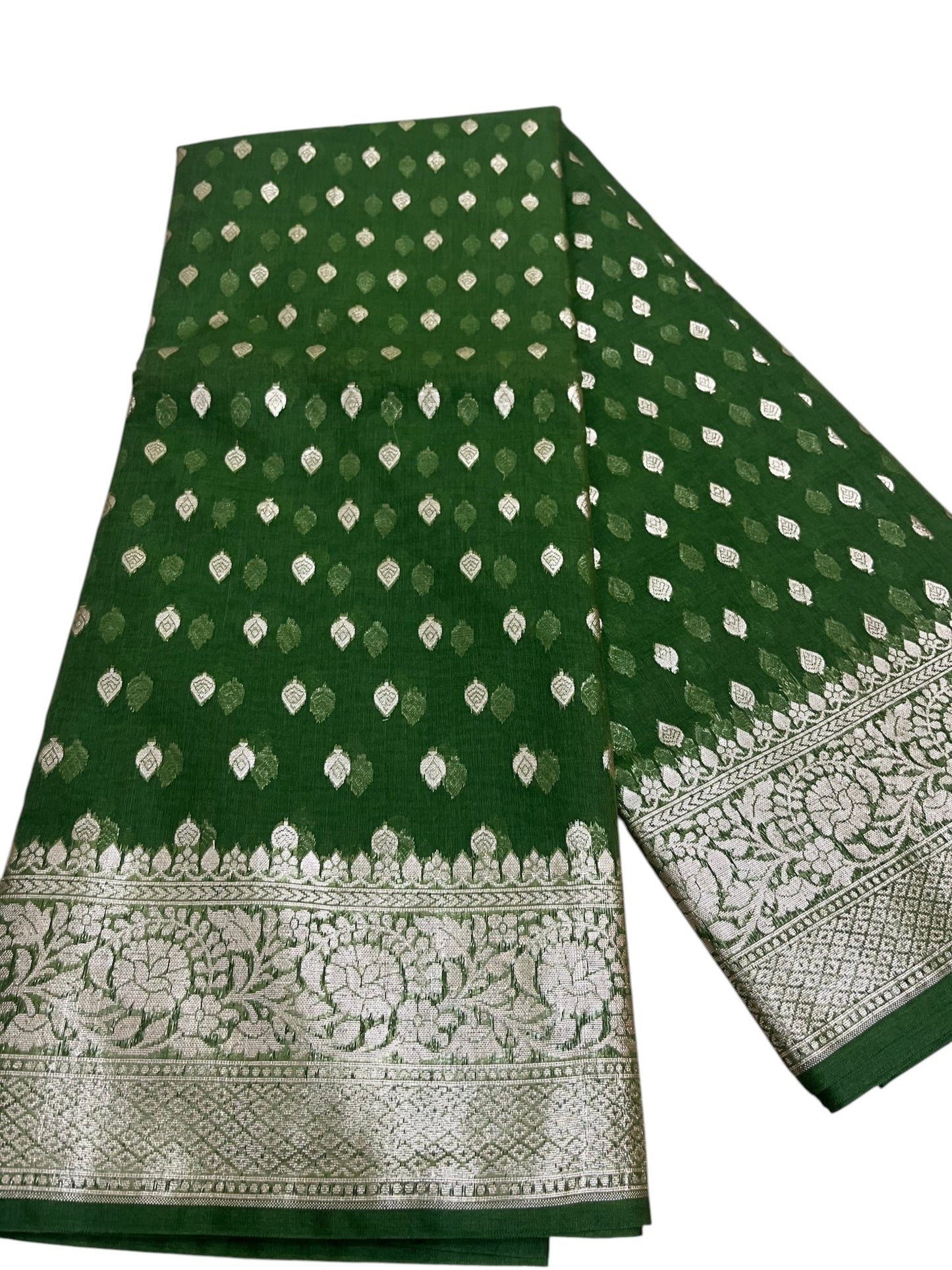 Southloom Cotton Banarasi Silk Saree with Woven Work on Body and Borders(Green)