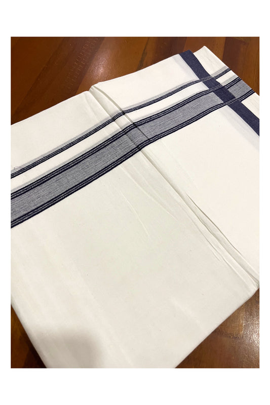 Pure White Cotton Double Mundu with Navy Blue Border (South Indian Kerala Dhoti)