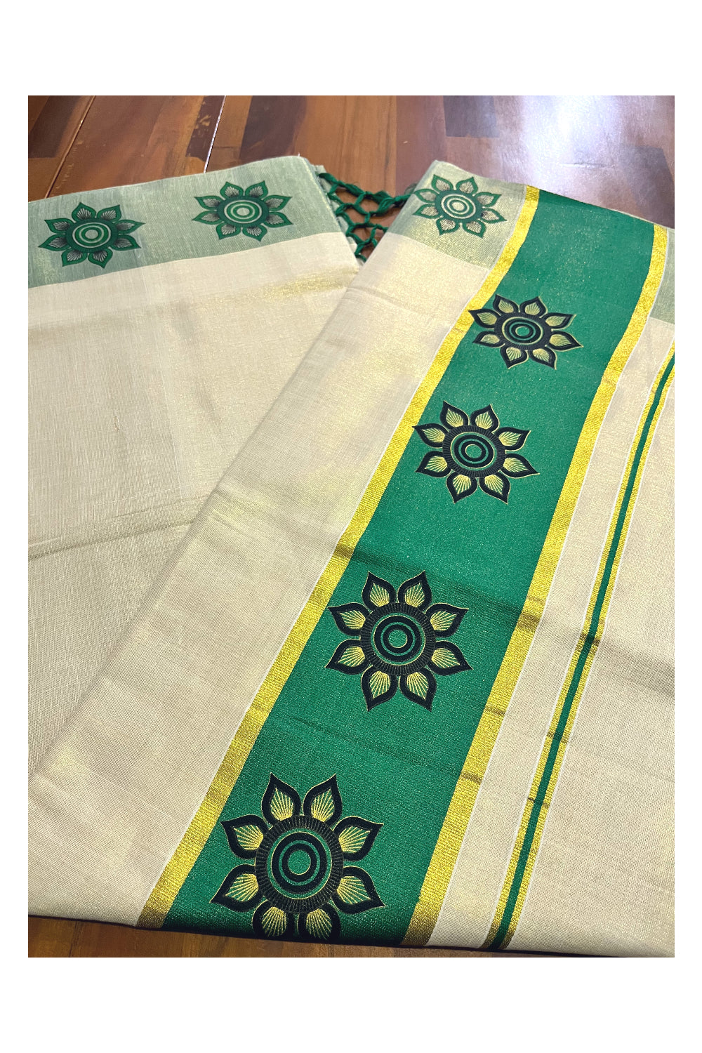 Kerala Tissue Kasavu Saree with Floral Block Prints in Green Border (Onam 2024 Collection)