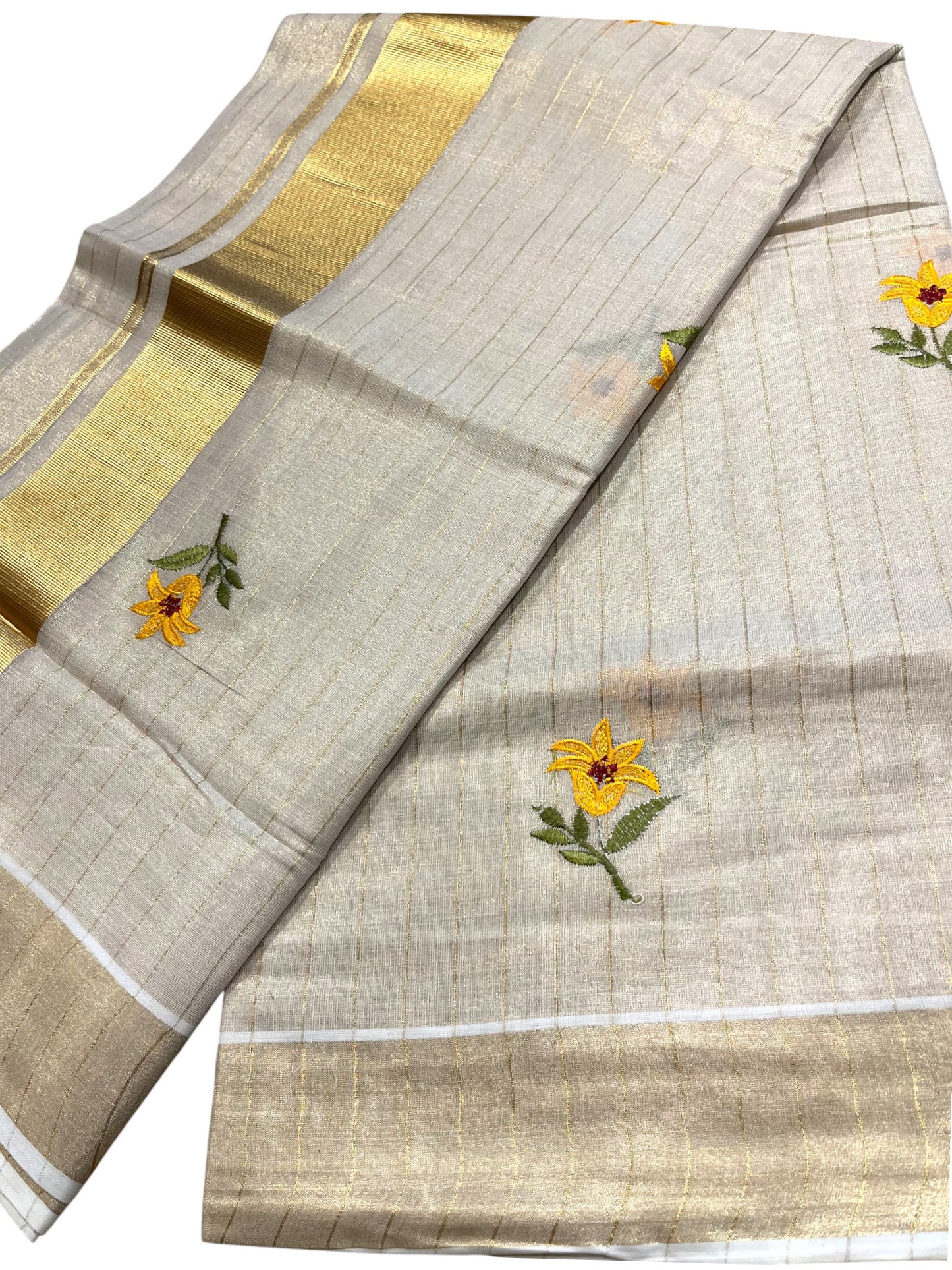 Southloom Tissue Kerala Kasavu Stripes Saree with Yellow Floral Embroidery Design