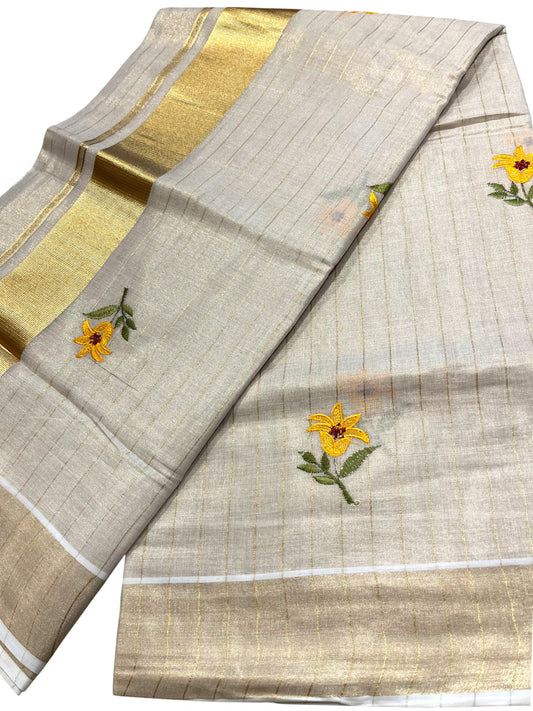 Southloom Tissue Kerala Kasavu Stripes Saree with Yellow Floral Embroidery Design