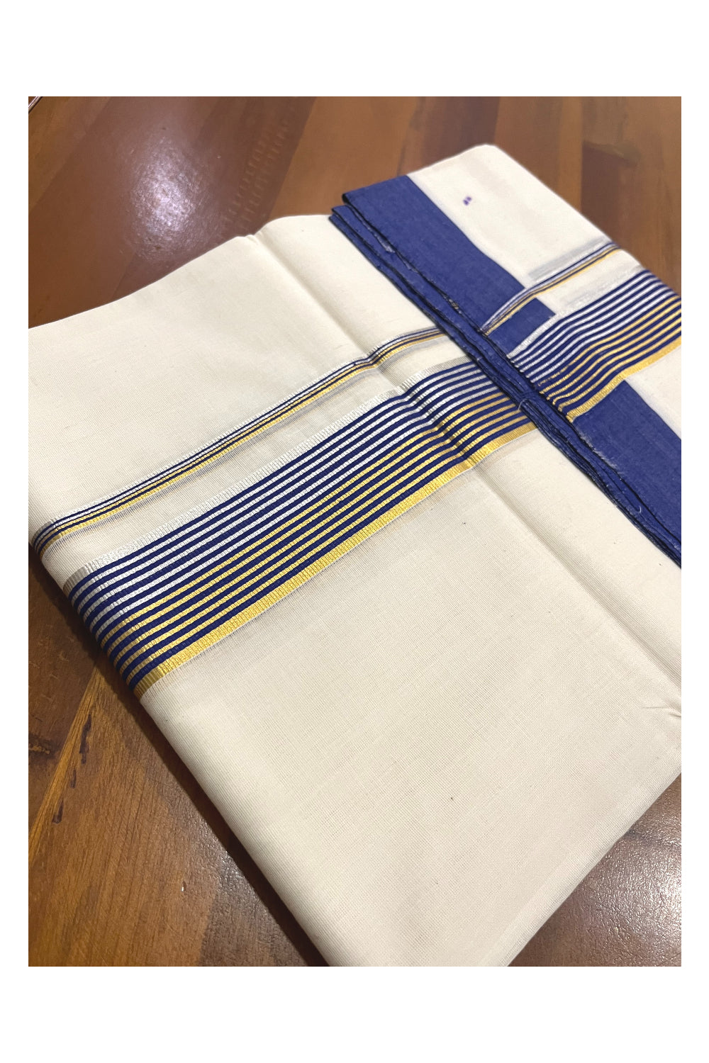 Southloom Premium Balaramapuram Unakkupaavu Handloom Mundu with Blue Silver and Golden Kasavu Border (South Indian Kerala Dhoti)