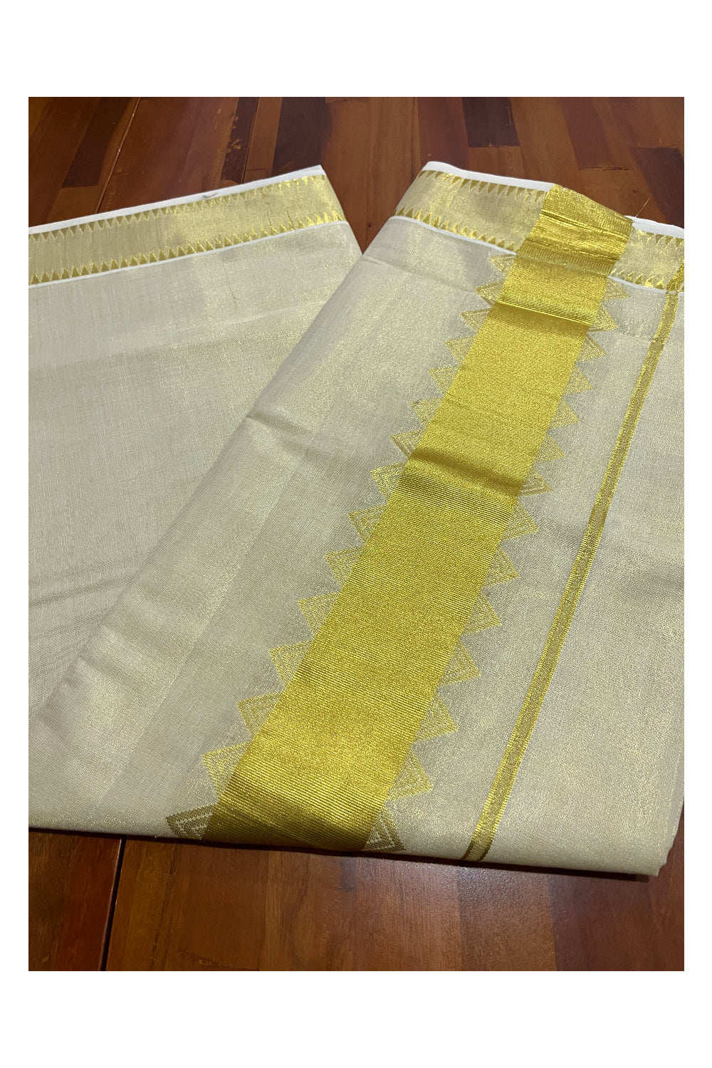 Kerala Tissue Kasavu Plain Saree With Temple Border and Pallu