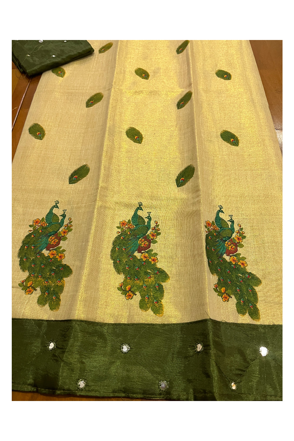 Kerala Tissue Mural Printed Pavada and Green Blouse Material for Kids 3 Meters